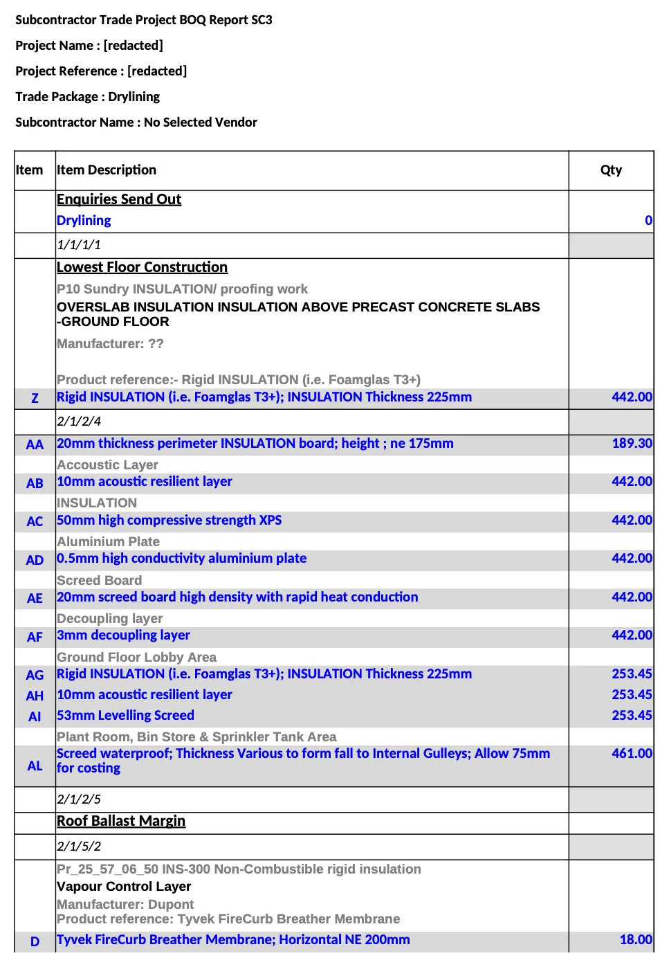 Trade bill of quantities for a drylining package, showing item reference, description and quantity in the contractor's report format